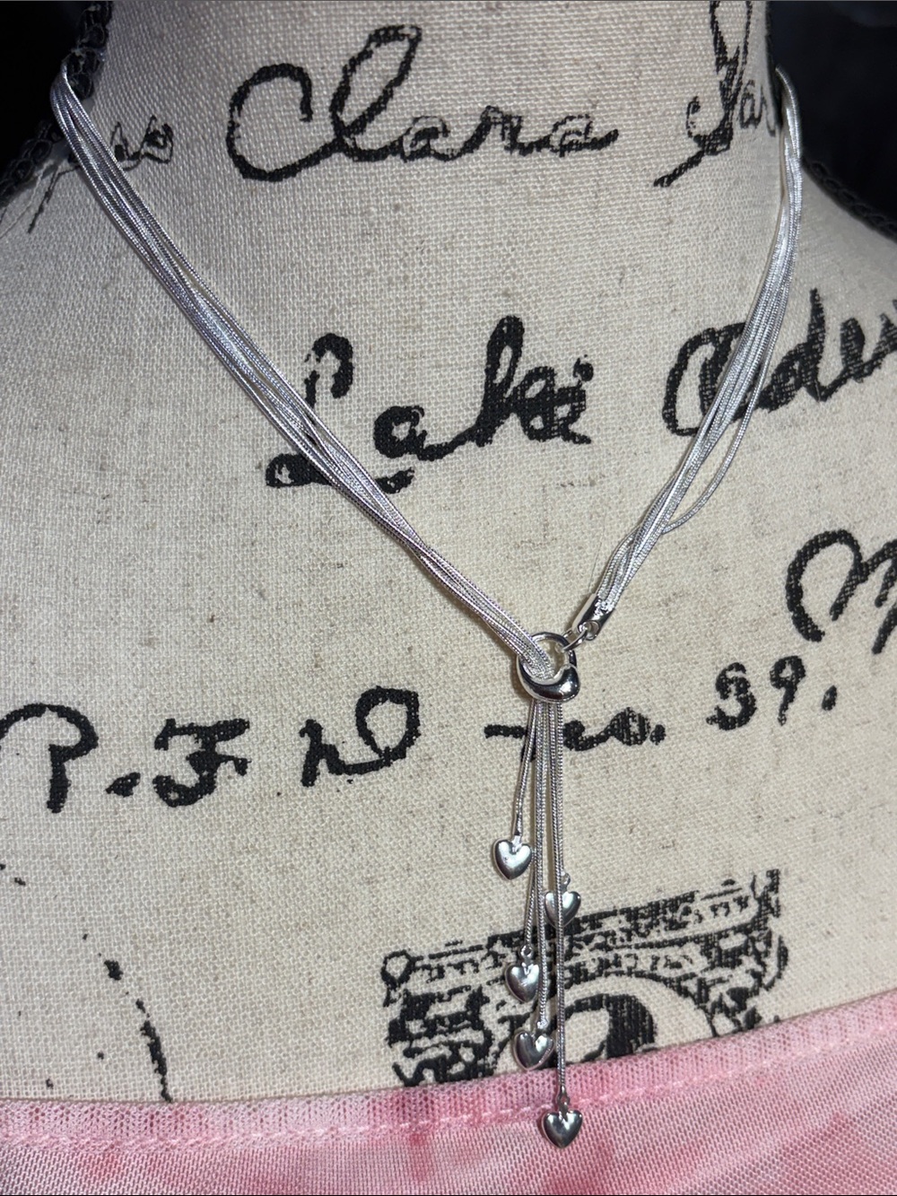 925 Sterling Silver 5-Strand Bolo Necklace 22” Chain w/Dangling Heart Charms